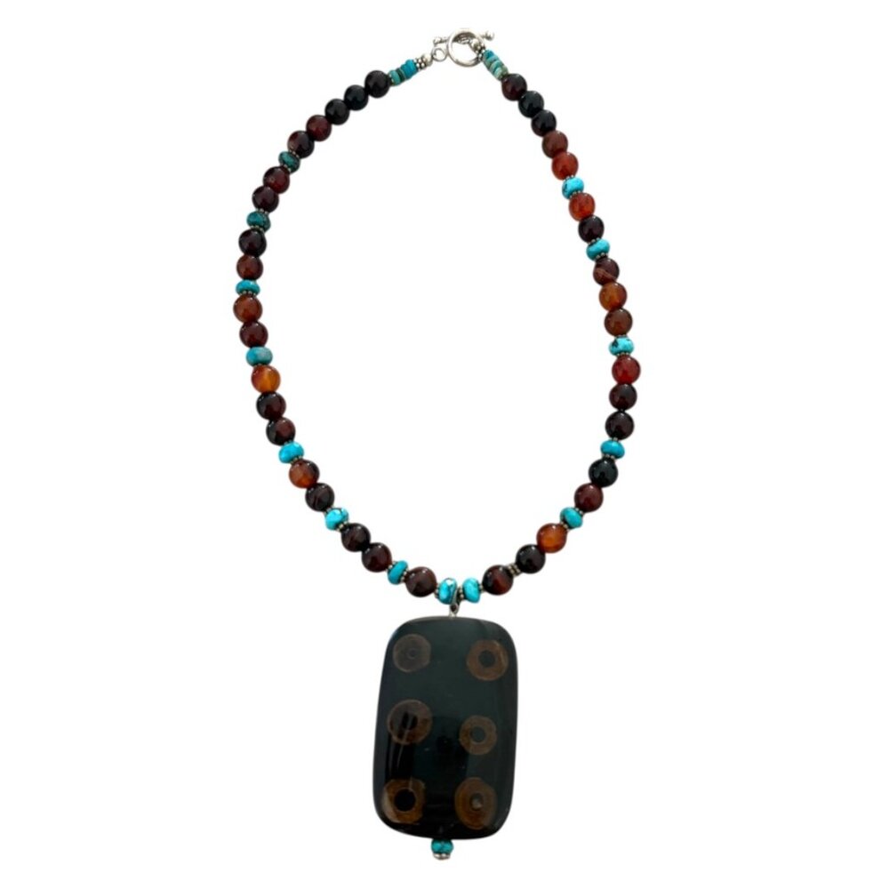 Artisan Made sterling Silver 925 Turqoise and agate w Pendant brown blue